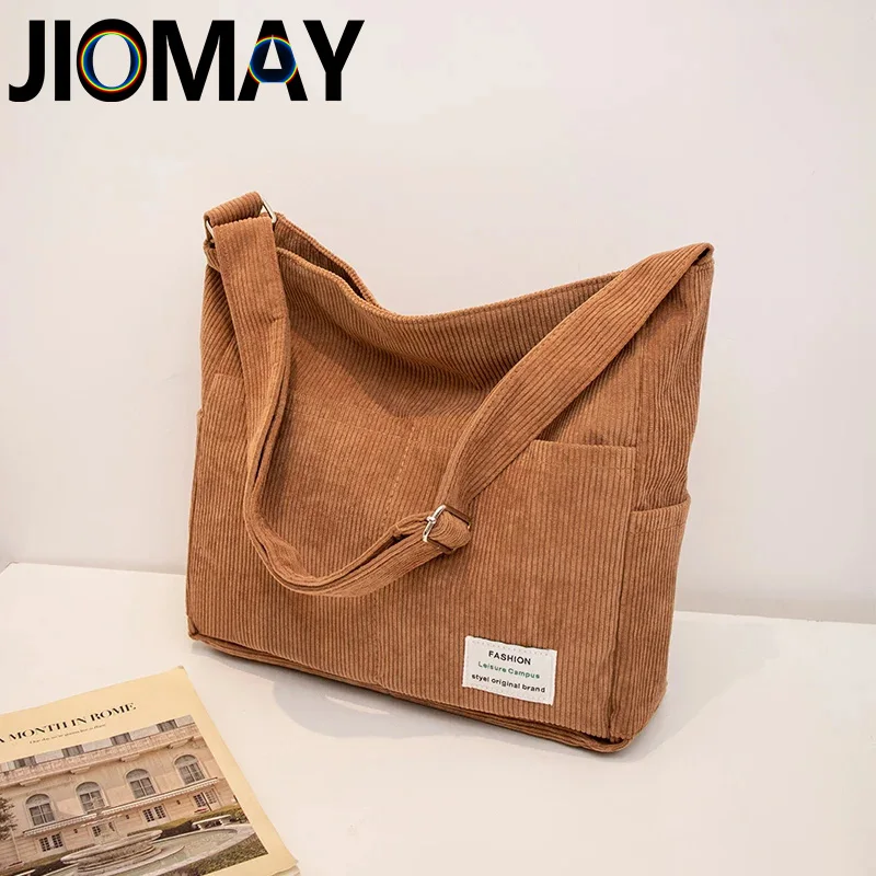 JIOMAY Corduroy Shoulder Bag for Women 2024 Leisure College Style Adjustable Strap Large Capacity Handbag Travel Crossbody Bag