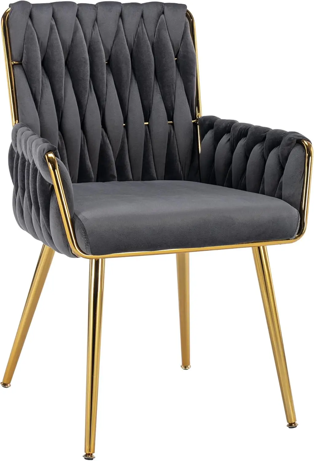 

Desk Chair No Wheels 1Pc, Modern Woven Velvet Vanity Chair With Ba & Armrest, Comfy Cute Gold Metal Legs Upholstered Makeup