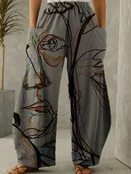 2025 Pantaloni larghi con doppia tasca stampati artistici delle nuove signore, pantaloni larghi con elastico in vita casual, abbigliamento da donna primavera/estate