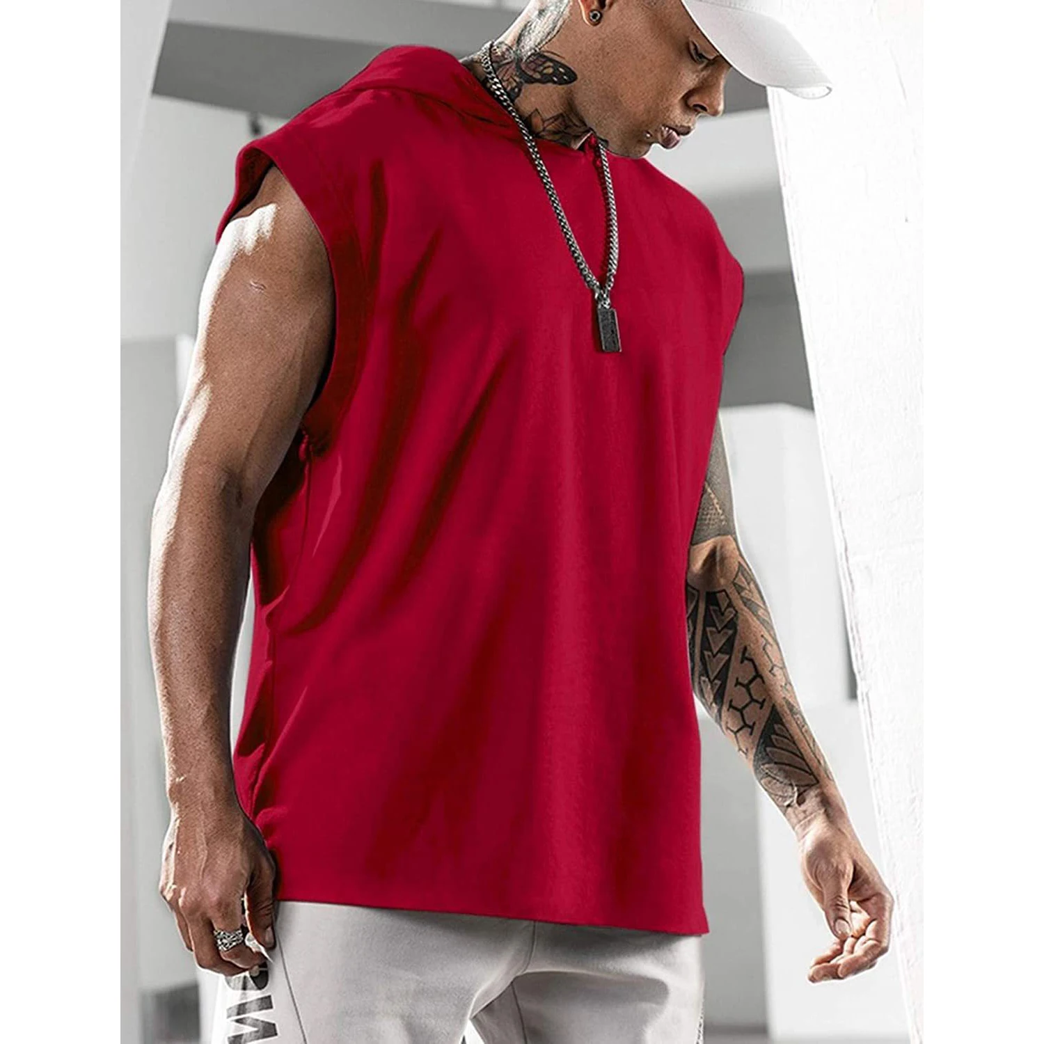 2024 Men Tank Top  Fitness Training Pullover Leisure Fashion Sleeve Men\'s Hooded Vest Solid Color Tank Tops For Male