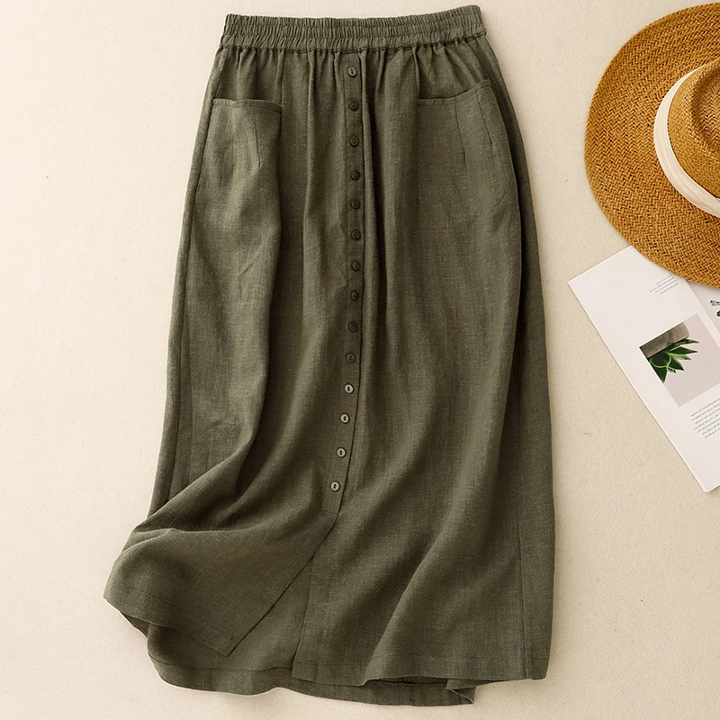 

Spring Summer New Cotton Linen Women's Skirt Vintage Simple Match Original Design Slimming Midi Skirt Artistic Military een