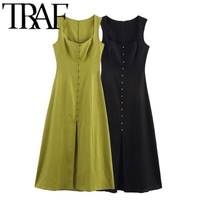 TRAF 2025 Woman Fashion linen Midi dress Casual Slim Sleeveless Midi Long Dresses Black Vestidos Mujer