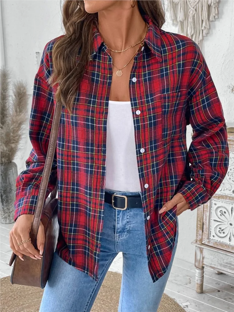

Women's Clothing Retro Trendy Lapel Long Sleeve Tops Plaid Shirt All-match Loose Simple Style Buttons Comfortable Commuting Hot