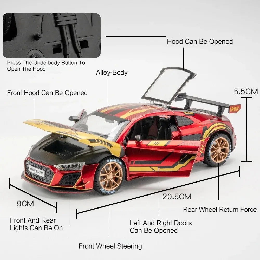 1:24 R8 V10 Legering Speelgoed Auto Model Diecast Metal Body Geluid Licht Trek Rubberen Banden Voertuig voor Jongens Verjaardag Verzamelen Geschenken