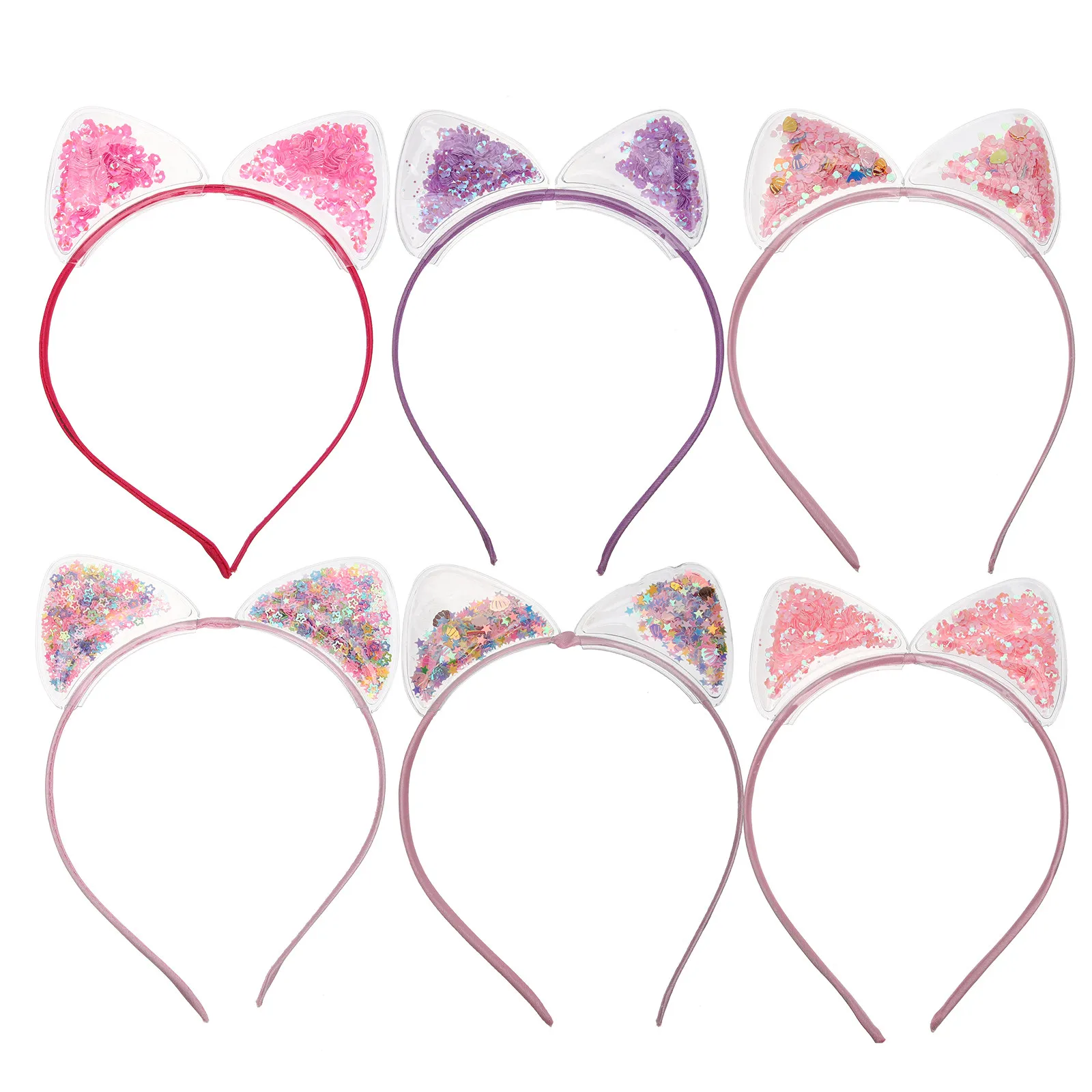 

6Pcs Cat Ear Hairband Quicksand Sequin Headbands for Party Cosplay Masquerade Graduation Accessories