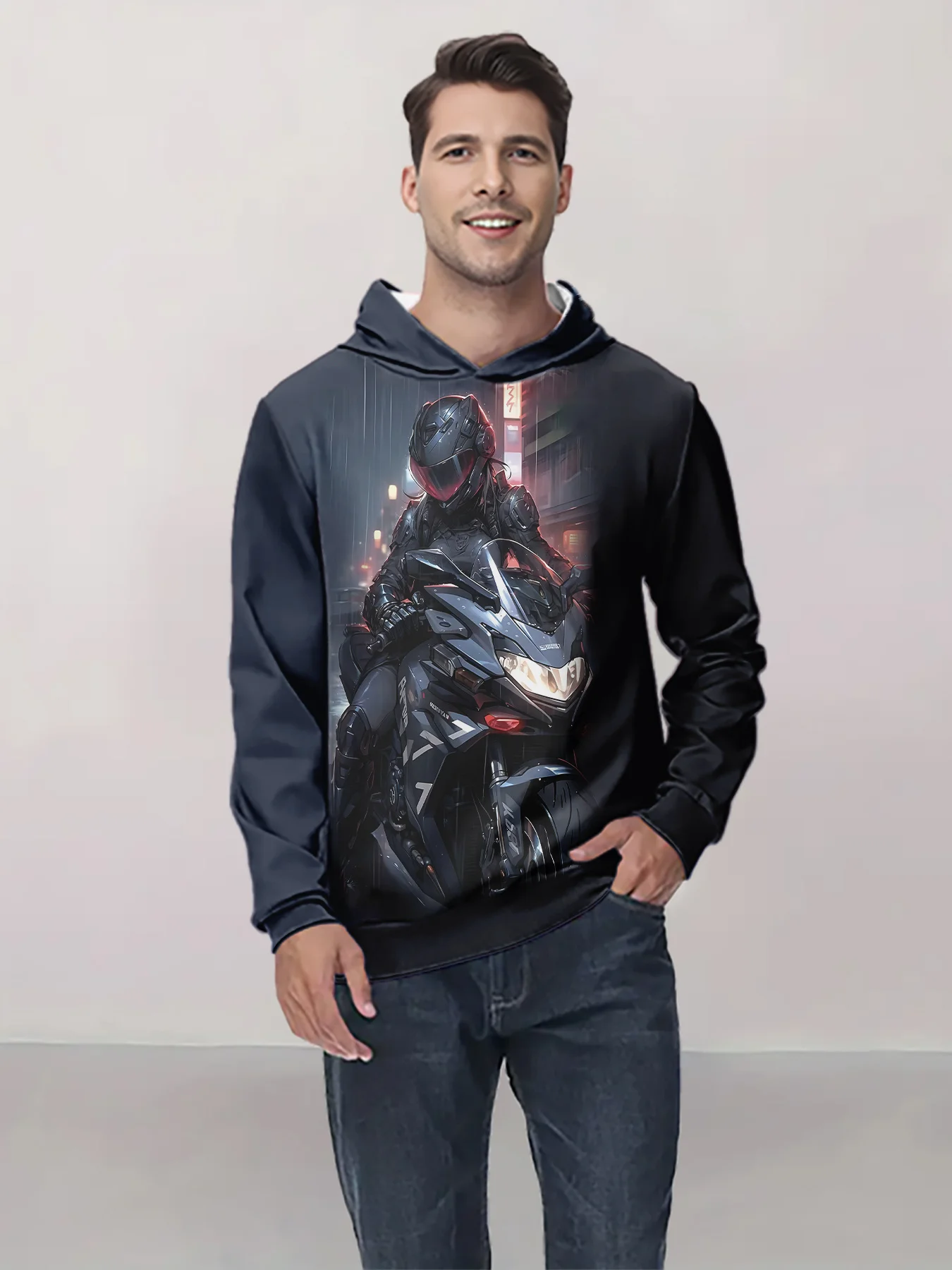 احتضان الركوب! بلوفر بغطاء للرأس مطبوع عليه دراجة نارية للرجال مع جيب، ملابس شارع عصرية ضرورية لفصل الربيع والخريف #3