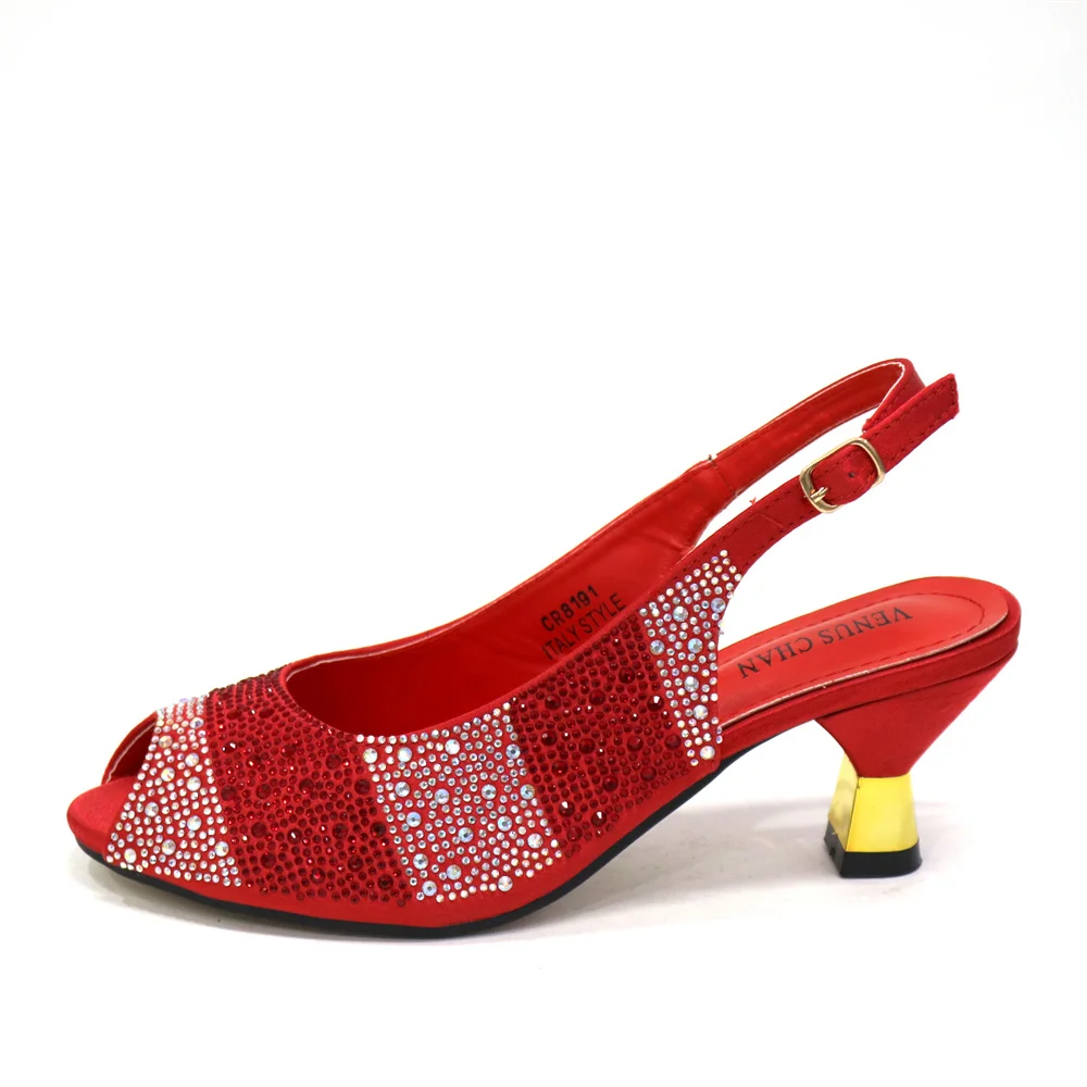 African Women's Favorite Design Style Red Fashion Elegant Fish Billed High Heels And Delicate Clutch Bag Rhinestone Decoration