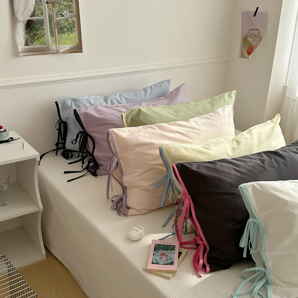 2pcs Nordic Minimalist Bowknot Pillowcases Pure Color Cotton Pillow Covers for Bedroom Breathable Machine Washable 100% Cotton