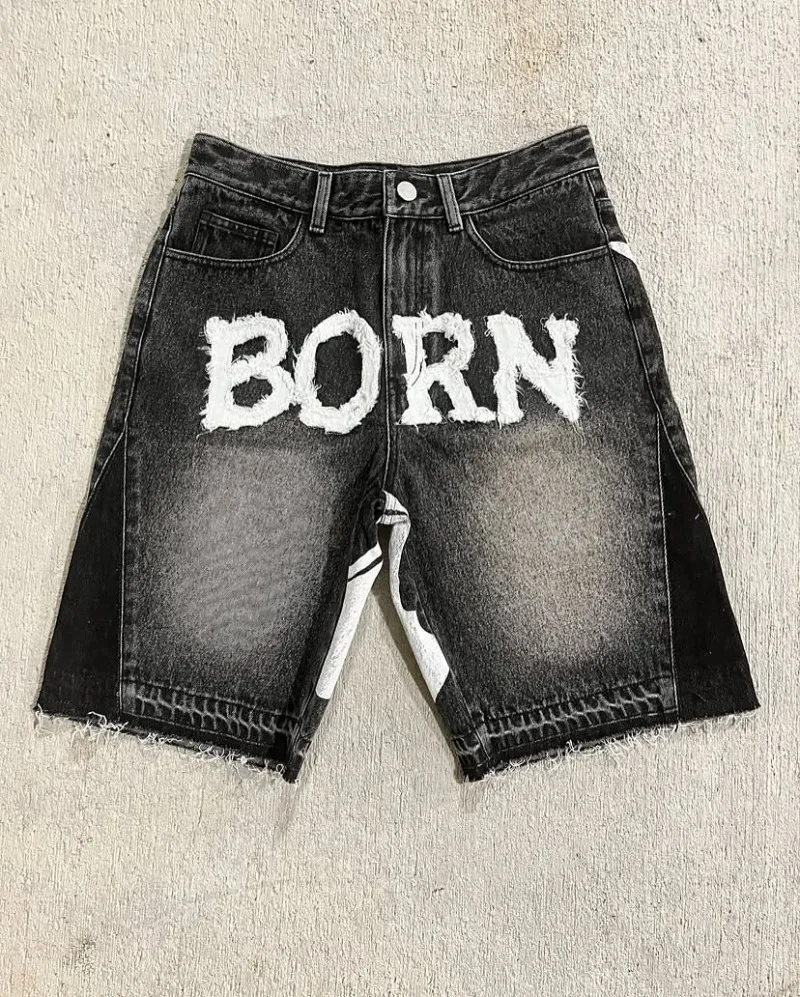 American New Fashion Letters Flocking Oversized Printed Baggy Denim Shorts Men Y2K Harajuku Vintage Hip Hop Pop Wide-leg Shorts