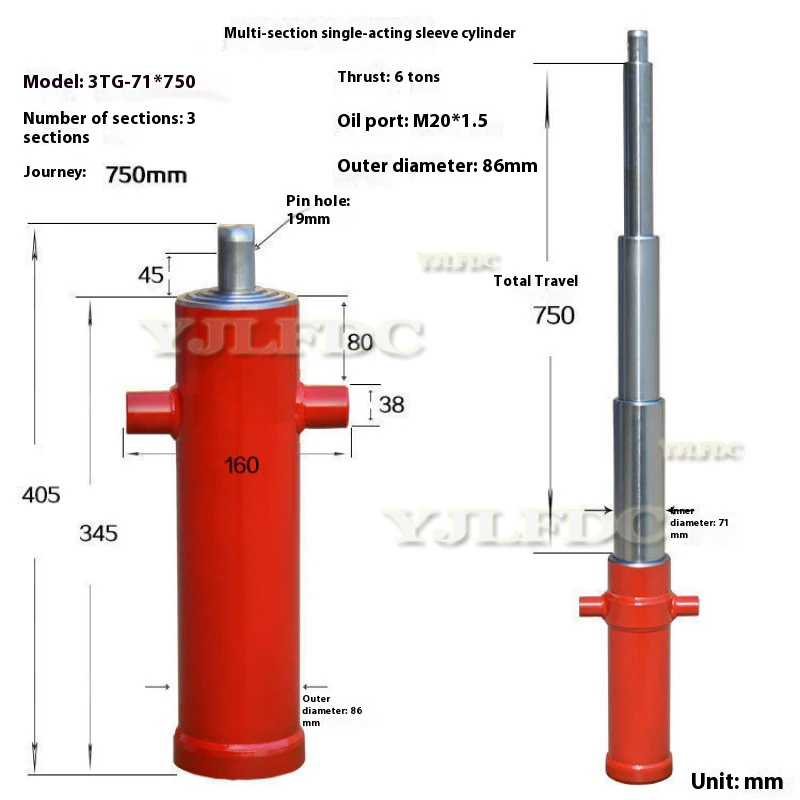 Hydraulic Cylinder Hydraulic Tool Agricultural Vehicle Retractable Top Accessories 3TG-E71*750 One-way Multi-section Sleeve Type