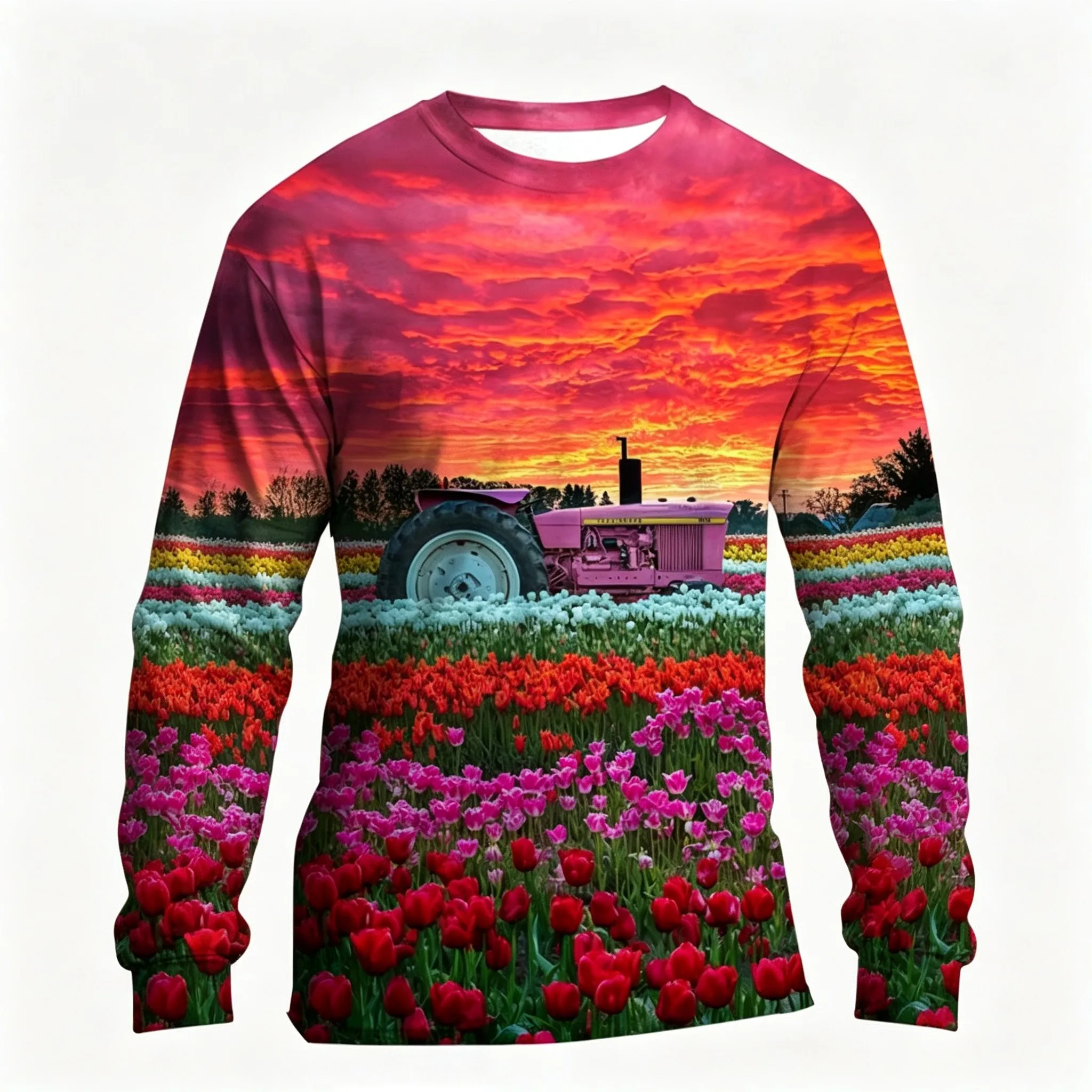 Men's Long Sleeve T-Shirt 3D Farm Tractor Print Countryside Landscape Crew Neck Casual Farmer Tops