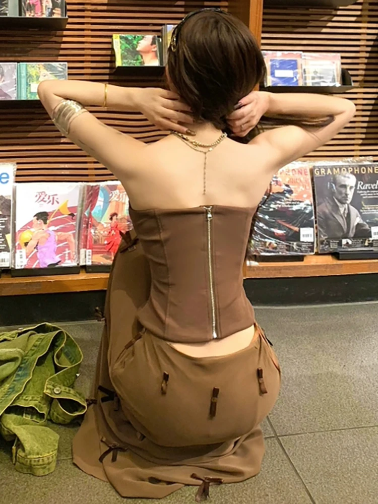 RORORIRI Desire-Top con corsé para mujer, falda de gasa, conjunto sin espalda, liso, ajustado, sin mangas, chaleco con lazo empalmado, falda plegable, ropa Retro