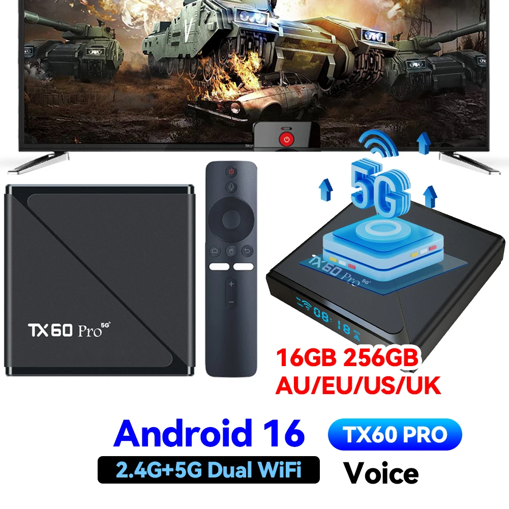 

Android 16 Smart TV Box Allwinner H313 Quad Core 2.4G&5G Dual WiFi6 Media Player Set Top Box Digital Voice Remote 14K 16G 256G