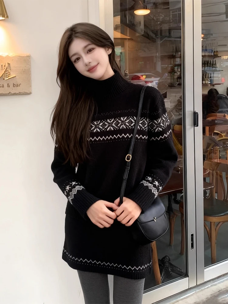 

Black High Collar Knitted Sweater Set Women's Fashion Autumn Winter Two Piece Set with Half Skirt Casual Style Comfortable Fit