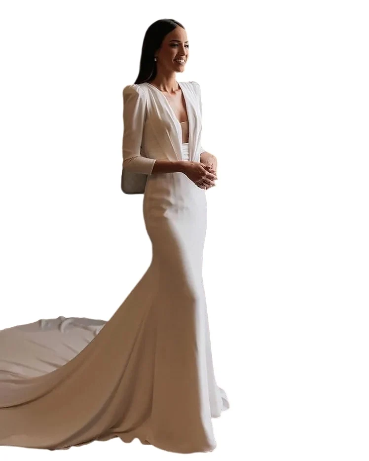 Eenvoudige crêpe zeemeermin trouwjurken met lange mouwen, sexy open rug, v-hals, moderne boho outdoor landelijke bruidsjurken