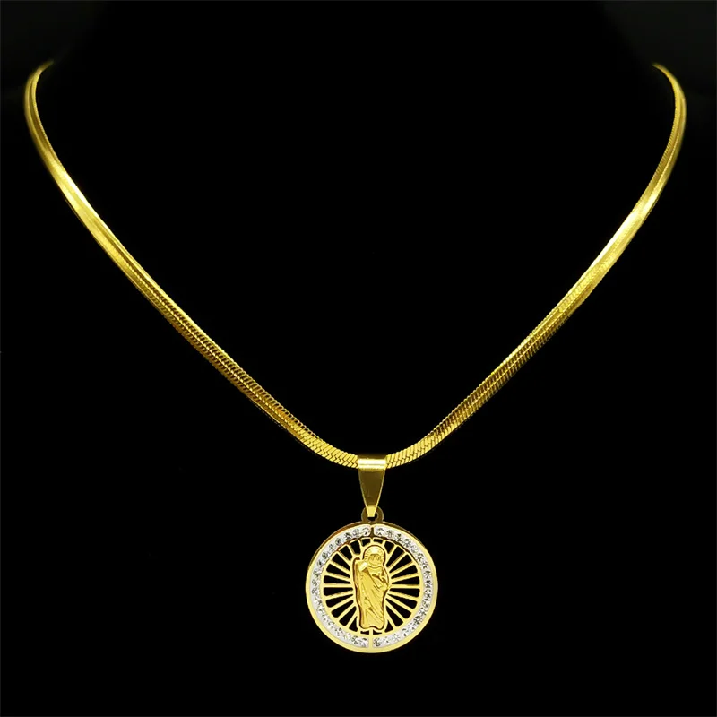 San Judas Tadeo Rhinestone Pendant Necklace for Men Women Stainless Steel Crystal Saint Jude Thaddeus Religions Necklace Jewelry