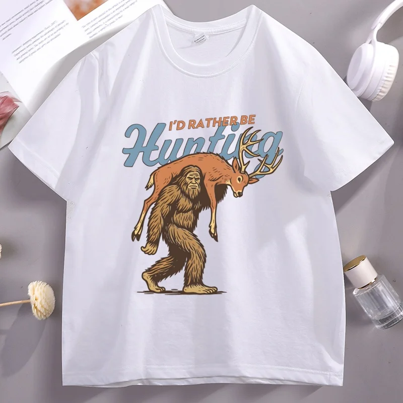 

I'd Rather Be Hunting T-Shirt for Men Women Bigfoot Hunting Tshirt Funny Graphic Tee Cotton Short Sleeve Loose Streetwear