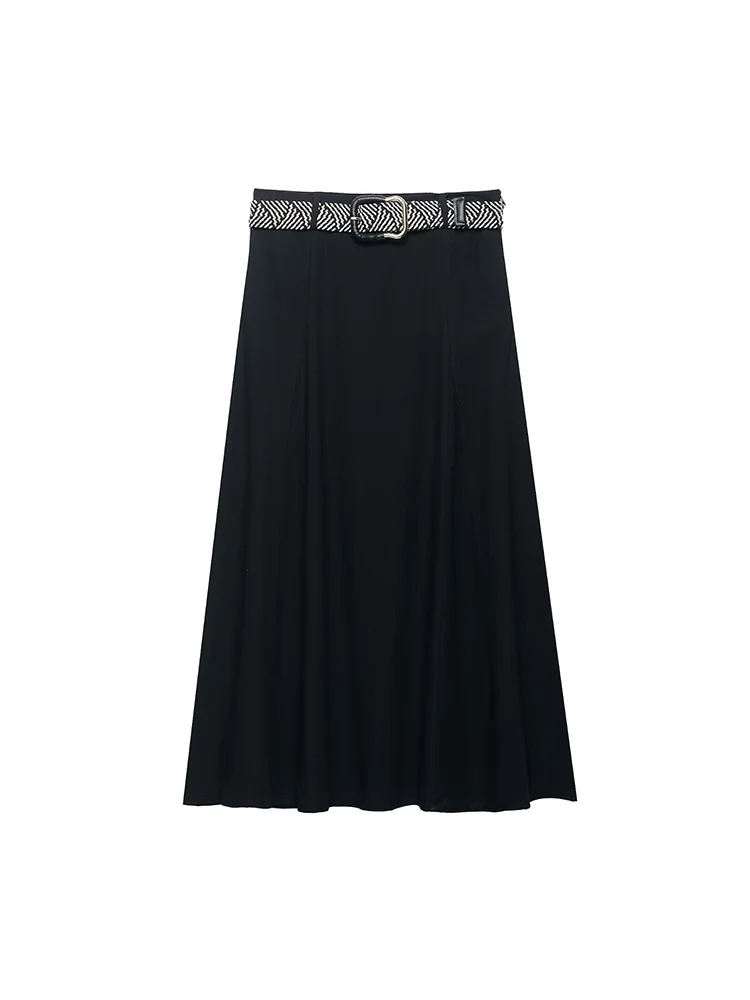 

2025 Women Summer MIDI Skirts Fashion Solid Belt High Waist Linen Female Elegant Street Skirt Clothing