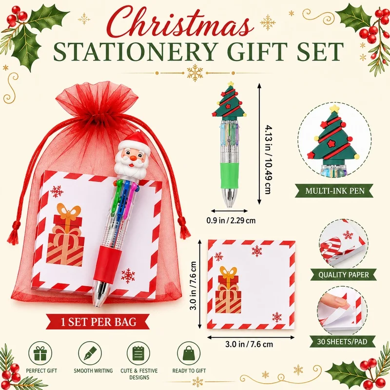 8 Set Christmas Stationery Gift Include Notepad Ballpoint Pen Red Gauze Pouch Exchange Gift For Holiday Party Classroom Rewards