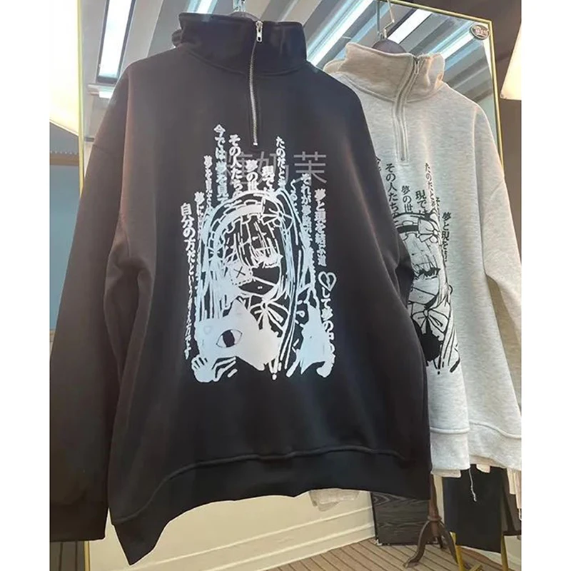Sweat-shirt gothique à manches longues pour femmes, sweat-shirt de rue, Anime japonais, Y2K, col montant, décontracté, ample, paresseux, hip hop, printemps-automne