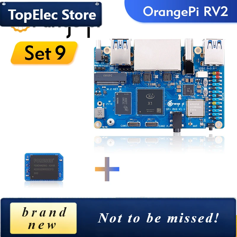 TopElec Orange Pi RV2 8GB RAM + 64GB EMMC Module RISC-V AI Single Board Computer 2 TOPS NPU WiFi+BT5.0 M2.0 NVMe SSD Development