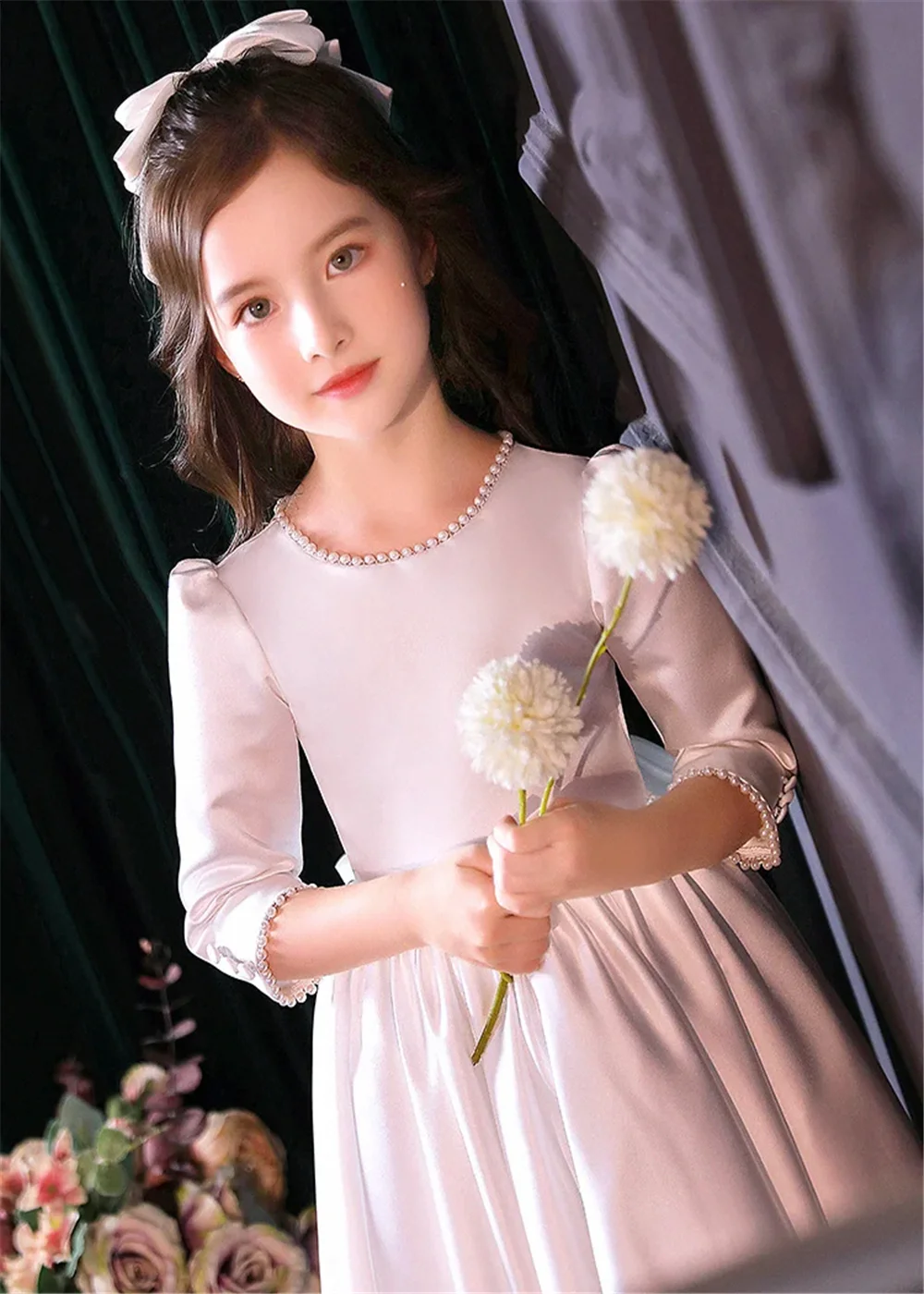 Robe élégante à fleurs blanches pour filles, pour mariage, Concert, princesse, nœud, cadeau d'anniversaire, robes de première Communion pour demoiselle d'honneur junior