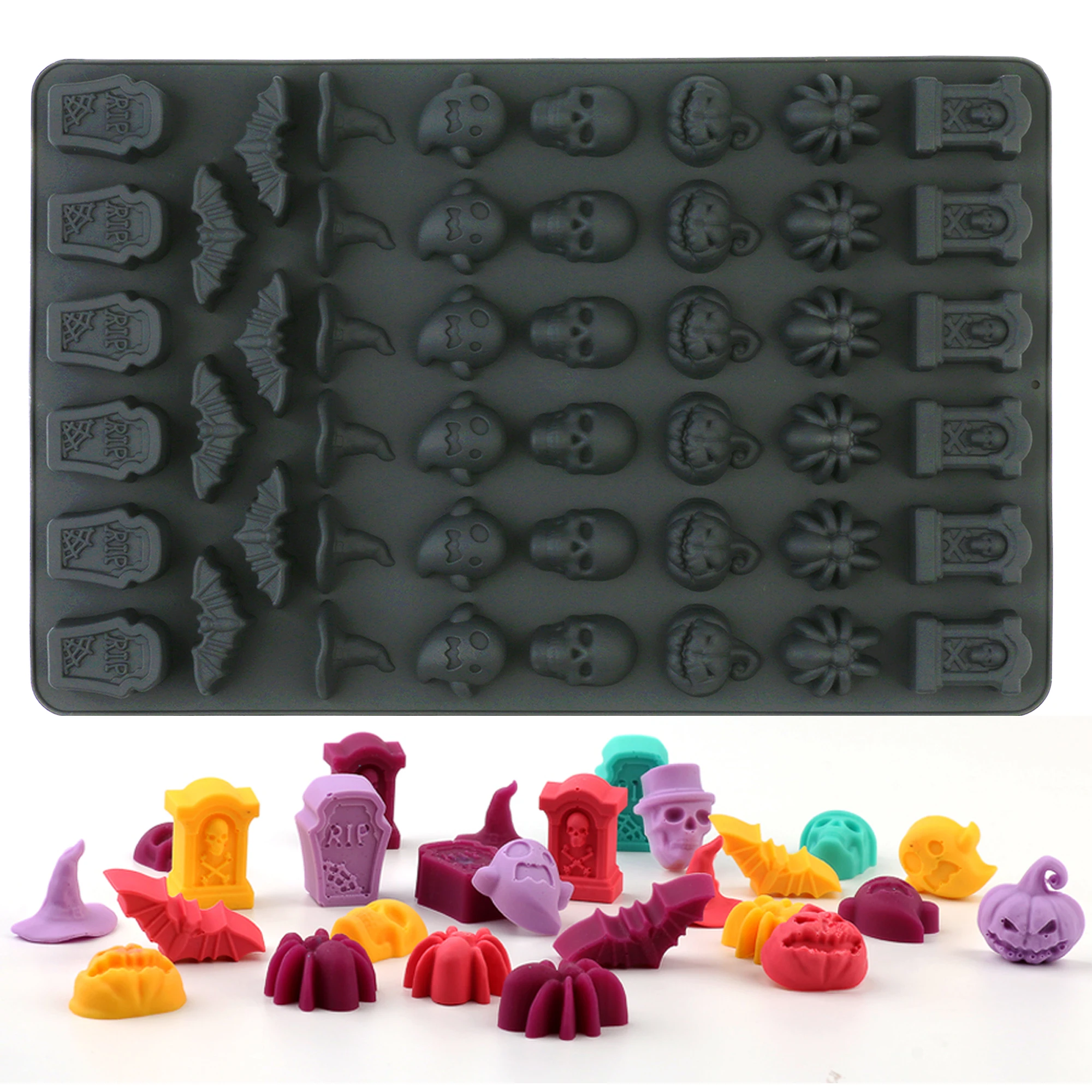 Molde de silicona para chocolate y dulces de Halloween, antiadherente, con formas de fantasma, murciélago, araña, calavera, calabaza, sombrero de bruja y lápida, negro grueso, 1 unidad