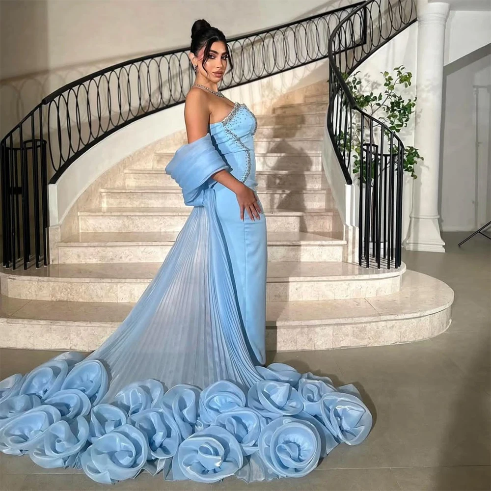 

Luxury Evening Dresses 2025 Jersey Sheath/Column Celebrity Dress Blue Sweetheart Rhinestones Watteau Train 3D flowers Prom Dress