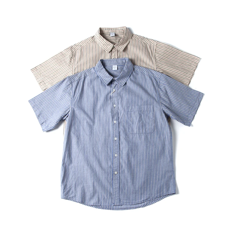 

Retro Japanese Style Blue White Striped Short Sleeve Shirt Pure Cotton Loose Casual Workwear Shirt Youth Summer Fashion