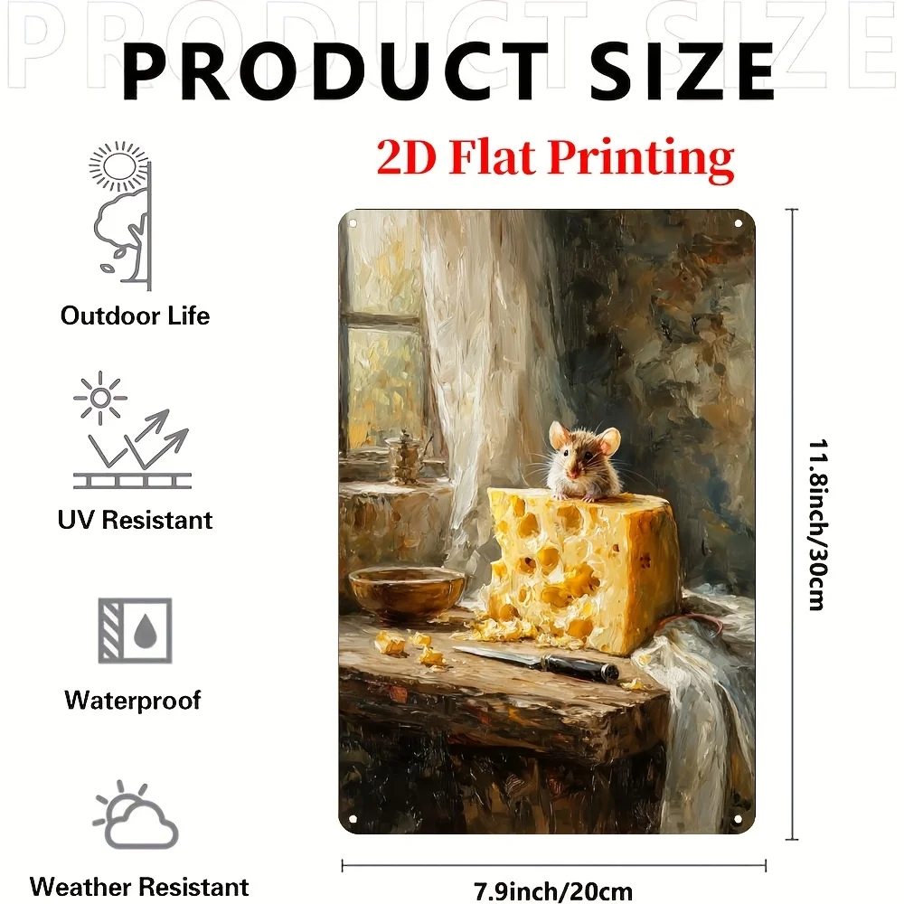 2D Flat, 1pc, Vintage Wrought Iron Metal Sign, Little Mouse Stealing Cheese, Wall Decoration Plaque, Ideal for Study Rooms, Dini