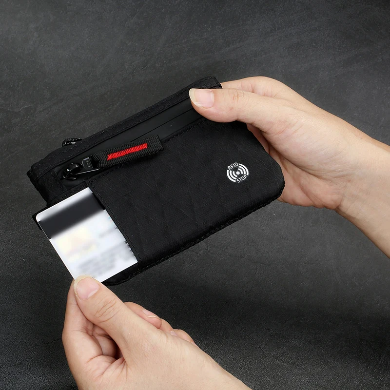 Porta-Cartões de Crédito RFID de Luxo Antifurto Fino com Mosquetão e Bolsa de Moedas de Nylon Masculina