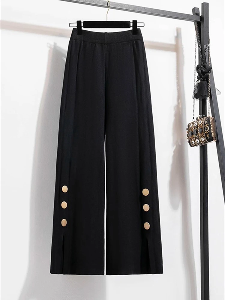 Korean version gentle style knitted wide leg pants women autumn winter high waisted and drooping split straight leg pants