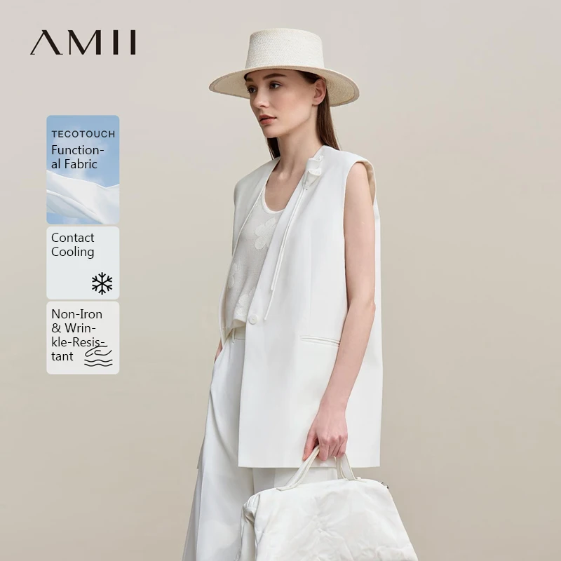 

Amii Women's Vest 2026 Spring New Commuter V-Neck Padded Shoulders Vest Casual Sleeveless Women's Loose Mid-Length Top 12651034