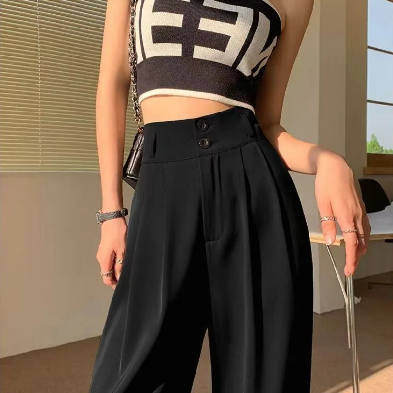 Wide Leg Pants Women Summer Thin High Waist Drape Casual Straight Slim Breathable Office Lady Solid Simple Design Fashion Chic