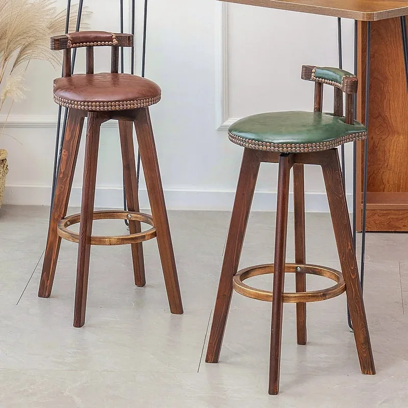 Solid Wood Bar Stool Rotating High Chair Vintage Bar Counter Stool Cashier Chair with Backrest — Soft Cushion Breathable PU