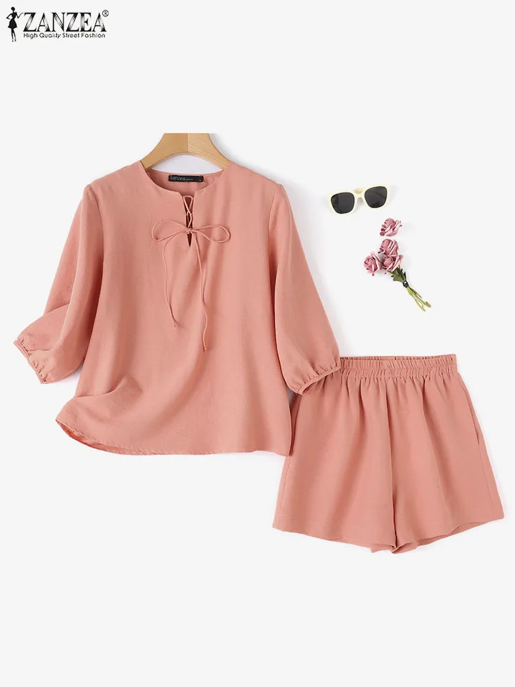 ZANZEA Woman Fashion Solid Suit 3/4 Sleeve O-Neck Blouse Loose Shorts Casual Matching Sets Summer Elegant Party Tracksuits 2024