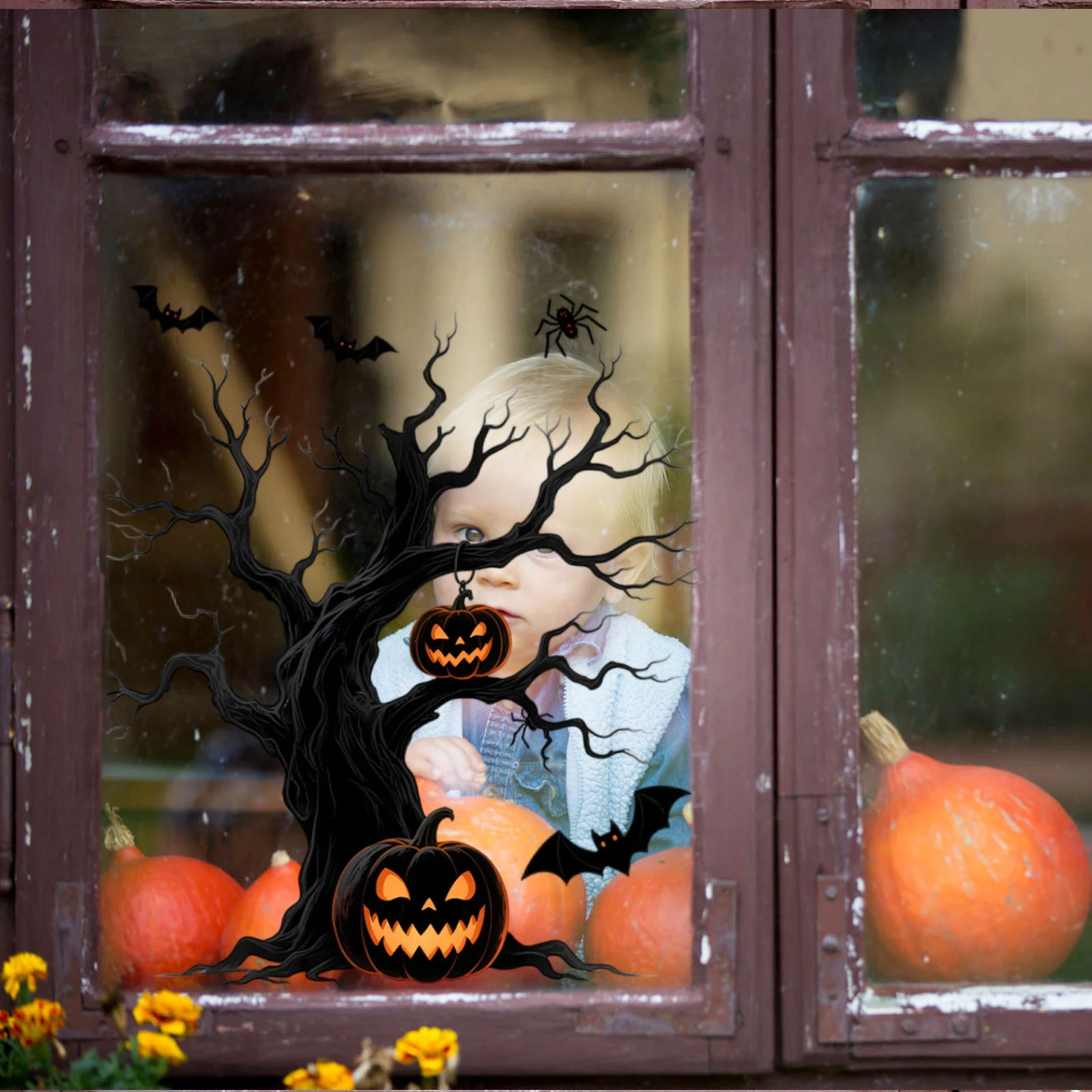 ملصقات نافذة جديدة على شكل قلعة الهالوين وخفاش شبكة العنكبوت لغرفة المعيشة على الوجهين لاصق ثابت خالٍ من الإزالة وقابل للإزالة