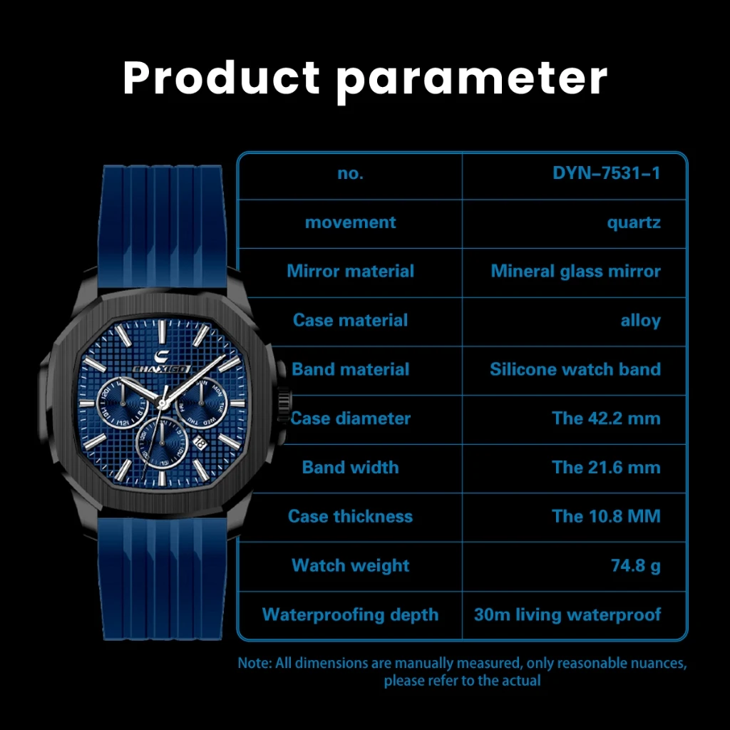 CHAXIGO العلامة التجارية الفاخرة رجل ساعة عالية الجودة مقاوم للماء ساعة يد رجالي سيليكون الرجال ساعات كوارتز ساعة عادية