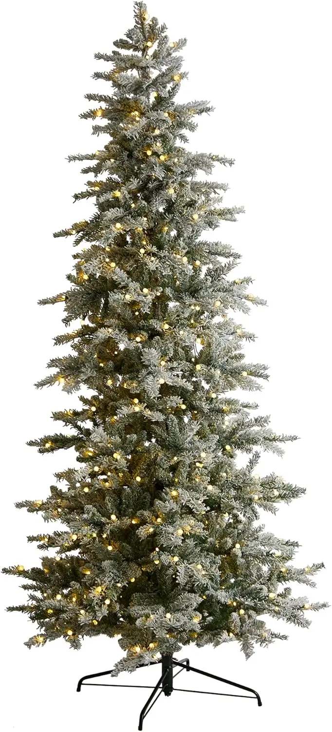 8.5Ft. Slim Flocked Nova Scotia Spruce Artificial Christmas Tree With 500 Warm White Led Lights And 1061 Bendable Branches