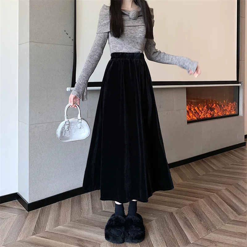 

Карамельная бархатная юбка-миди А-силуэта для женщин, осенне-зимняя, под свитер, с высокой талией, утягивающая, с широким подолом, плиссированная, расклешенная юбка-солнце