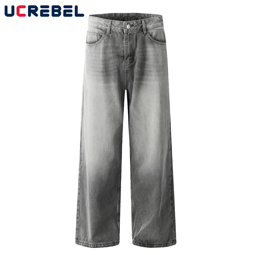 

Washed Distressed Grey Jeans Mens Retro High Street Pocket Ripped Loose Wide Leg Denim Pants Men