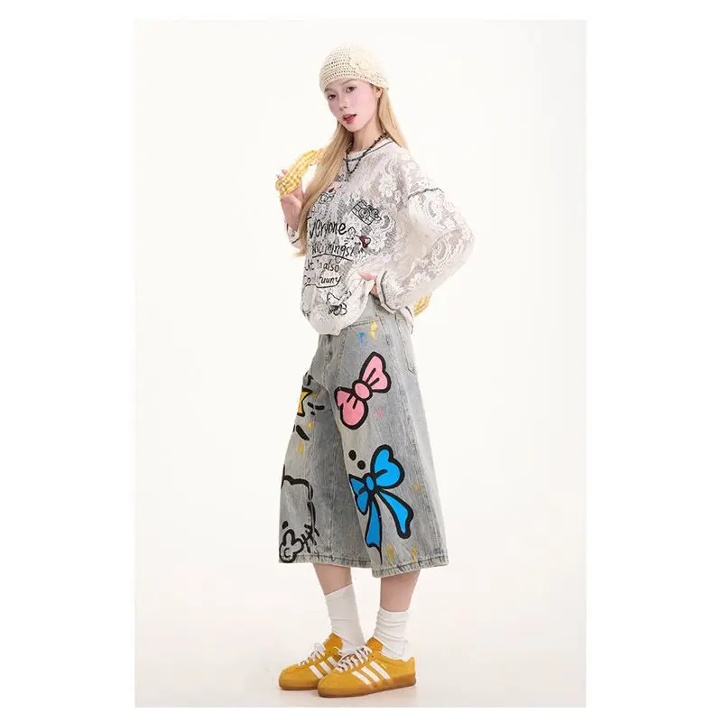 Sanrio Hellokitty Summer New 2025 Cartoon Printing Cute Student Jeans Cropped Pants Versatile Loose and Thin Holiday Gifts
