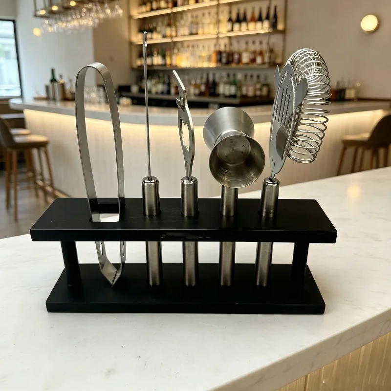 6Pcs Stainless Steel Bar Accessory Kit With Natural Bamboo Wood Stand Complete Cocktail Shaker Tools For  Bar Table Dec