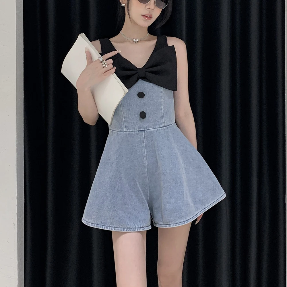 

Bow Tie Decoration Collision Color Splicing Women's Jumpsuit Y2k Simple Commuter Hundred V-Neck Cotton One-piece Top 2024 Summer