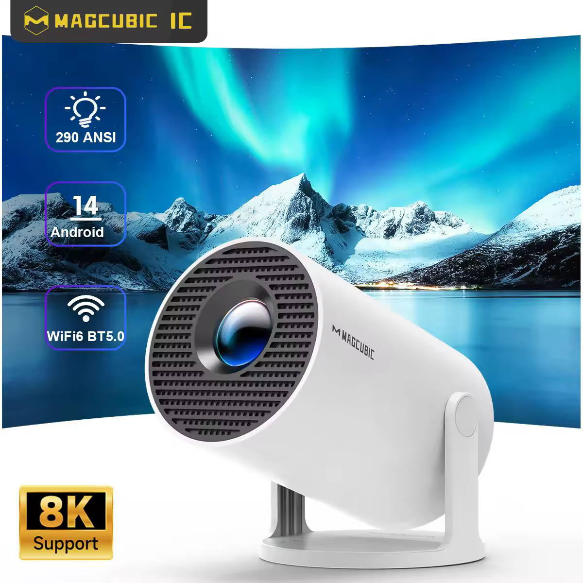 מקרן Magcubic HY300 Pro 8K אנדרואיד 14 דואל Wifi6 290ANSI Allwinner H726 BT5.4 1080P 1280*720P קולנוע ביתי חיצוני Projetor
