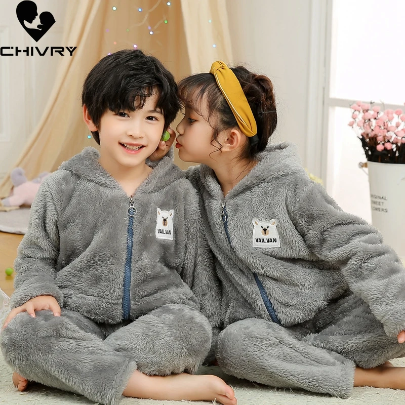 New 2022 Kids Boys Girls Autumn Winter Warm Cashmere Pajama Sets Hooded Long Sleeve Lapel Tops with Pants Sleeping Clothing Sets