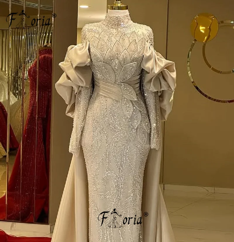 Luxury Champagne Beaded Mermaid Wedding Event Dress with Cape Sleeve Customized Elegant Dubai Women Formal Evening Gowns Gala