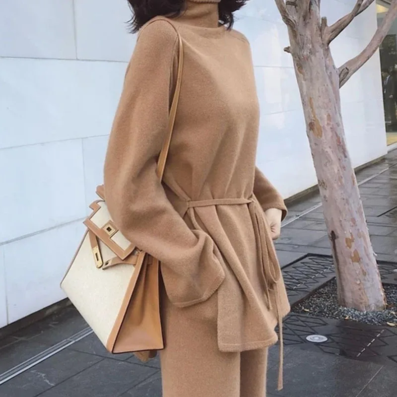 

Faionable Knitted Sweater Set with Belt Wide Leg Pants Color Cross-Border New Arrival Autumn Winter Women's Wear