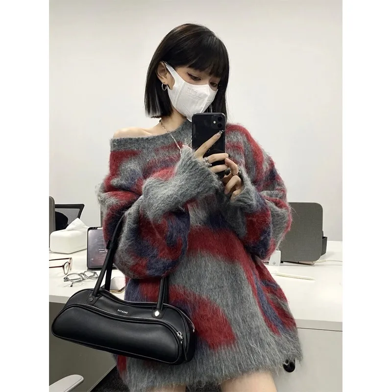 Women\'s Grey Mohair Pullover Knit Sweater Harajuku Y2k Long Sleeves O-Neck Sweater Vintage 90s 2000s Aesthetic Fashion Clothes