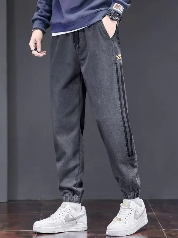 

Fashionable Casual Loose Fit Men's Jeans Spring Autumn New Style Large Size Three Bars Trendy Loose Elastic Cuffed Long Pants